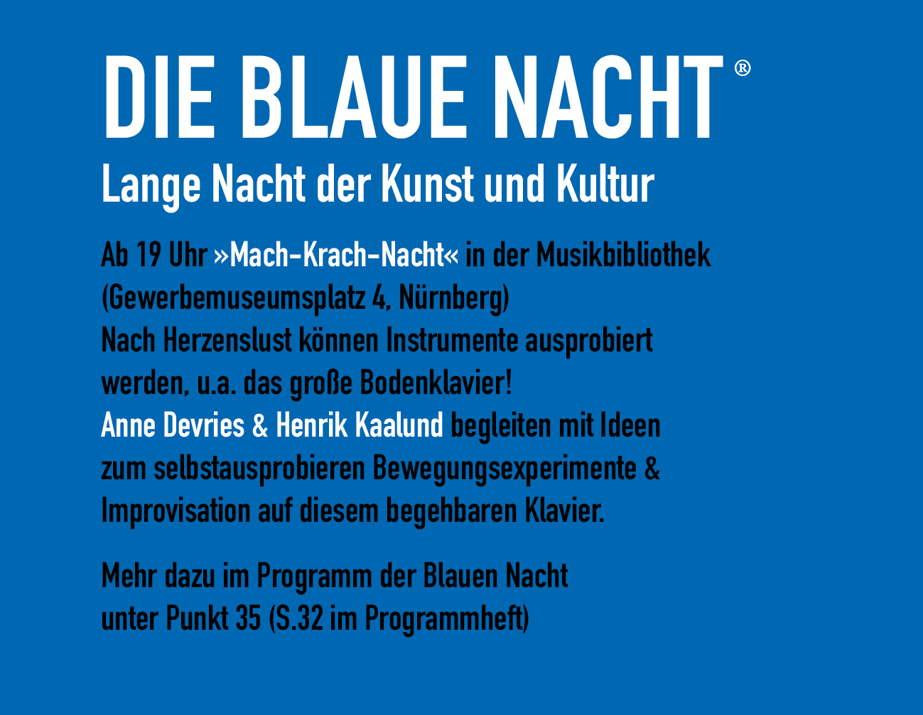 7. Mai Blaue Nacht Nürnberg – Bewegungsimprovisation am Bodenklavier